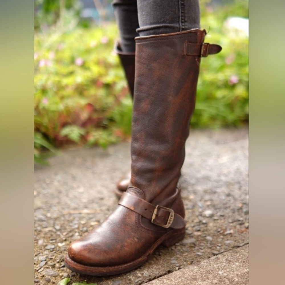 Frye | Veronica Slouch Leather Pull On Riding Boot With Buckles Distressed Brown